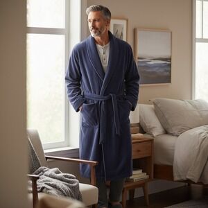 Lands'‎ End Robe Bathrobe Size M Mens Fleece Navy Blue Shawl Collar Tie Waist